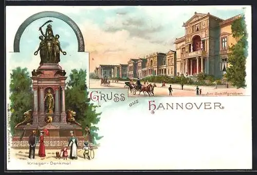 Lithographie Hannover, Kriegerdenkmal und Partie am Schiffgraben