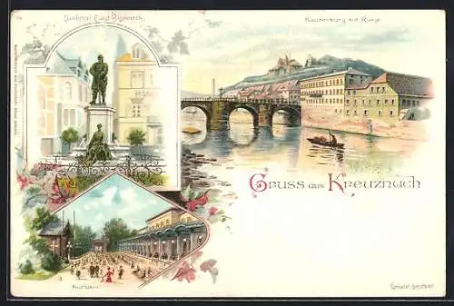 Lithographie Kreuznach, Kurhaus, Kauzenburg mit Ruine und Denkmal Fürst Bismarck