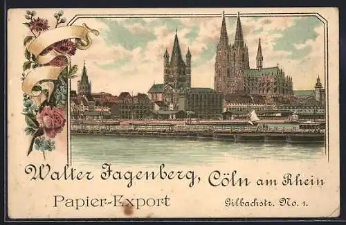 Lithographie Köln, Dom und Pontonbrücke