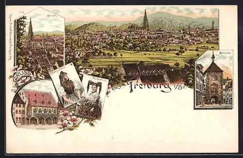 Lithographie Freiburg i. Br., Kaufhaus, Münster, Martinstor, Totalansicht