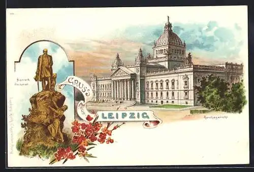 Lithographie Leipzig, Reichsgericht, Bismarck Denkmal