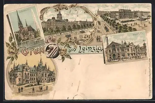 Lithographie Leipzig, Pleissenburg, Lutherkirche, Buchhändlerbörse, Museum und Markthalle