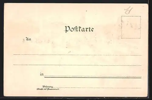 Lithographie Karlsruhe, Marktplatz, Rathaus, Festhalle und Schloss