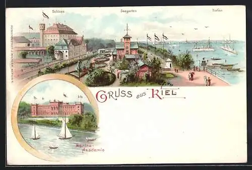 Lithographie Kiel, Ortsansicht mit Seegarten, Schloss und Hafen, Marine-Akademie, Segelboote, Dampfer