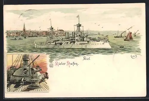 Vorläufer-Lithographie Kiel, 1895, Kriegsschiffe im Kriegshafen, Geschützturm, Segelboot