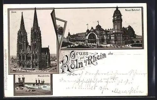 Lithographie Köln, Dom, Neuer Bahnhof und Rheinbrücke