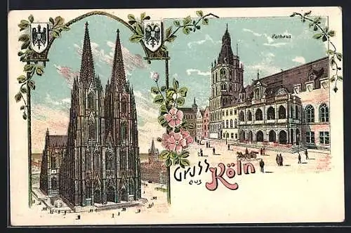 Lithographie Köln, Kölner Dom und Rathaus