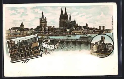 Lithographie Köln, Teilansicht mit Dom und Rathaus