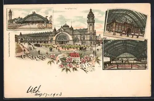 Lithographie Köln, Hauptbahnhof mit Innenansichten