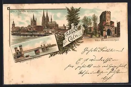 Lithographie Köln, Eisenbahnbrücke, Severintor und Ortsausblick