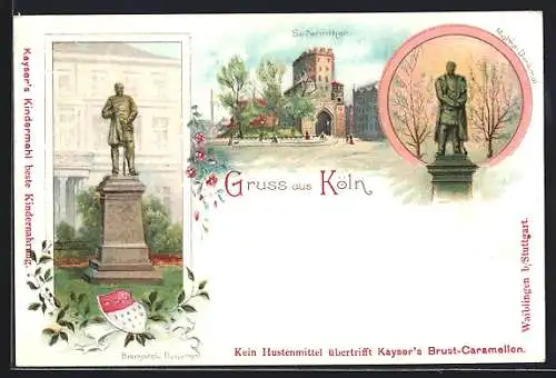 Lithographie Köln, Bismarck-Denkmal, Severintor, Moltke-Denkmal, Wappen