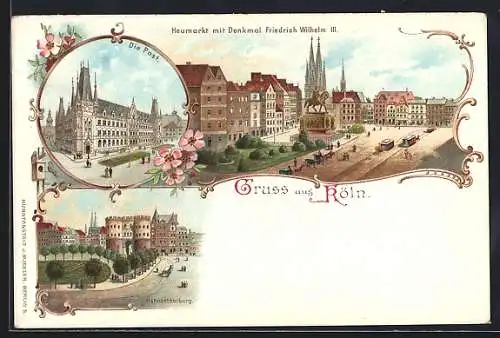 Lithographie Köln, Heumarkt mit Denkmal, Hahnenthorburg mit Strasse