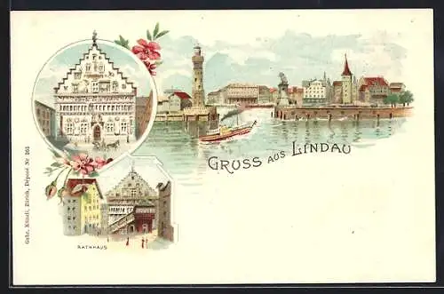 Lithographie Lindau /Bodensee, Rathaus, Hafen