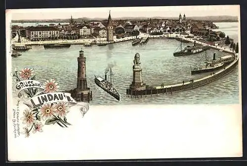 Lithographie Lindau i. B., Panorama vom Hafen