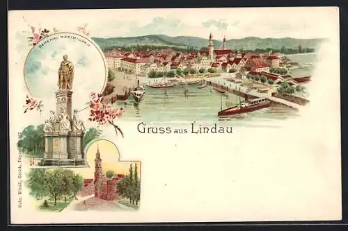 Lithographie Lindau / Bodensee, Denkmal Maximilian II., Gesamtansicht