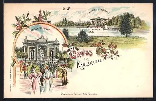 Lithographie Karlsruhe, Malschbrunnen, Stadtgarten See und Festhalle