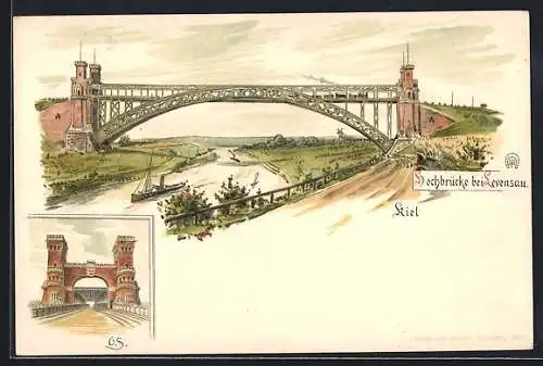 Lithographie Kiel-Levensau, Hochbrücke bei Levensau um 1900