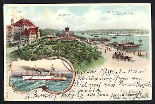 Lithographie Kiel, Yacht Hohenzollern, Hafen, Seegarten und Schloss