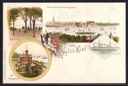 Lithographie Kiel, Der Seegarten, Bellevue, S. M. Yacht Hohenzollern