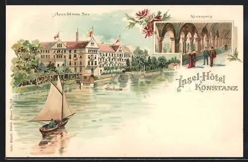 Lithographie Konstanz, Insel-Hotel, Kreuzgang, Ansicht vom See