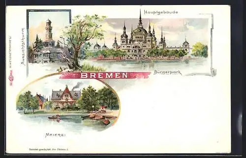 Lithographie Bremen, Aussichtsturm, Meierei, Hauptgebäude, Bürgerpark