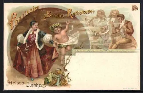 Lithographie Bremen, Restaurant Ratskeller, Bacchus, Wein