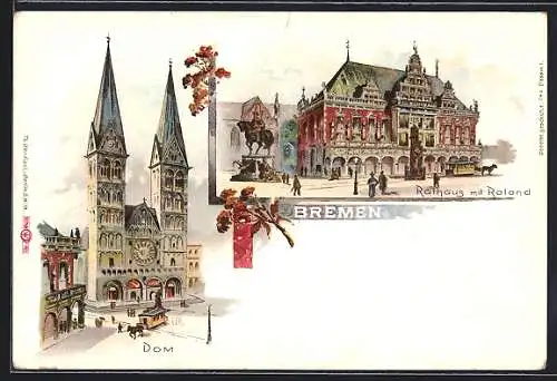 Lithographie Bremen, Rathaus mit Roland, Dom