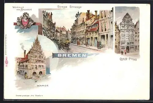 Lithographie Bremen, Soege Strasse, Essig-Haus, Waage