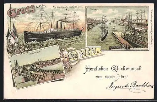 Lithographie Bremen, Freihafen, Schnelldampfer des Nordd. Lloyd, Weserbrücke