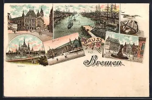 Lithographie Bremen, Gerichtsgebäude, Gasthaus Parkhaus, Bahnhof, Markt