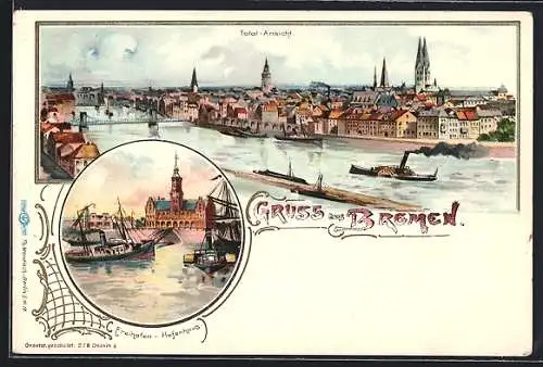 Lithographie Bremen, Freihafen mit Hafenhaus, Totalansicht, Dampfer in Fahrt