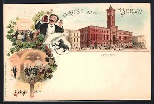 Lithographie Berlin, Rotes Rathaus und Gasthaus in der Königstrasse