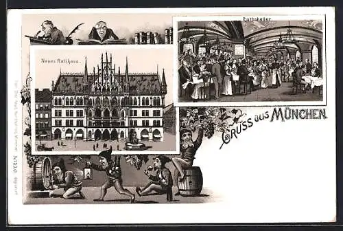 Lithographie München-Au, Neues Rathhaus, Rathskeller, Zwerge