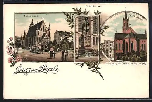 Lithographie Leipzig, Thomaskirche, Leibnitz-Denkmal, Kathol. Kirche