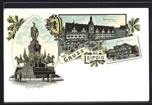 Lithographie Leipzig, Siegesdenkmal, Rathaus, Börse und Wappen