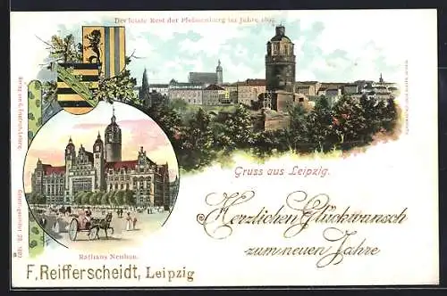 Lithographie Leipzig, Rest der Pleissenburg im Jahre 1899, Rathaus Neubau