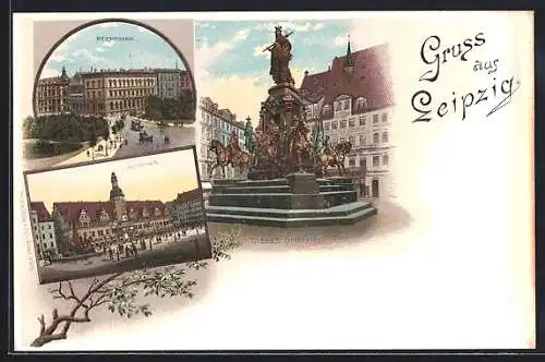 Lithographie Leipzig, Reichsbank, Rathaus u. Sieges-Denkmal