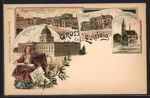 Lithographie Leipzig, Augustusplatz & Neues Theater, Börse, Lutherkirche und Reichsgericht, Justizia