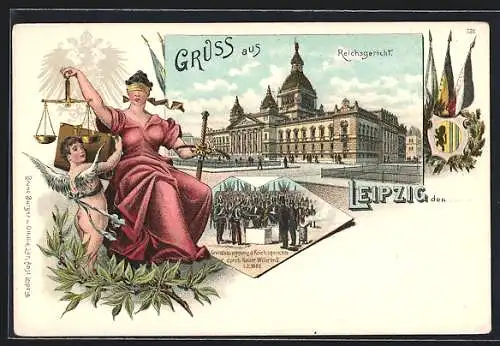 Lithographie Leipzig, Ortsansicht mit Reichsgericht und Justitia