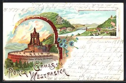 Lithographie Porta Westfalica, Provinzialdenkmal, Brücke