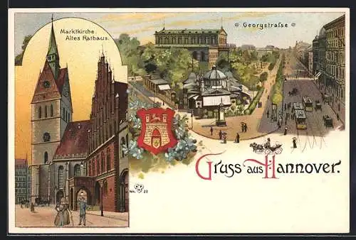 Lithographie Hannover, Marktkirche, altes Rathaus & Georgstrasse