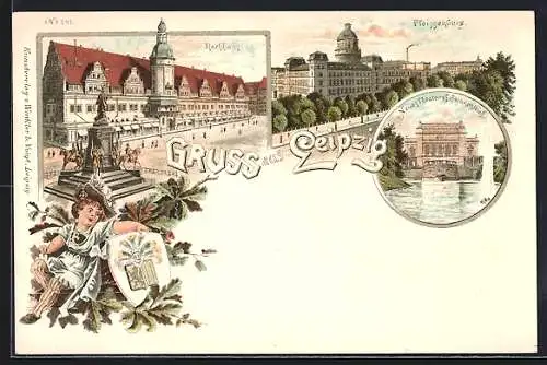 Lithographie Leipzig, Rathaus, Pleissenburg, Neues Theater & Schwanenteich