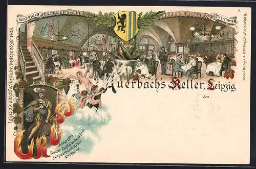 Lithographie Leipzig, Auerbach`s Keller-Faust-Keller, Göthe-Zimmer, Wappen