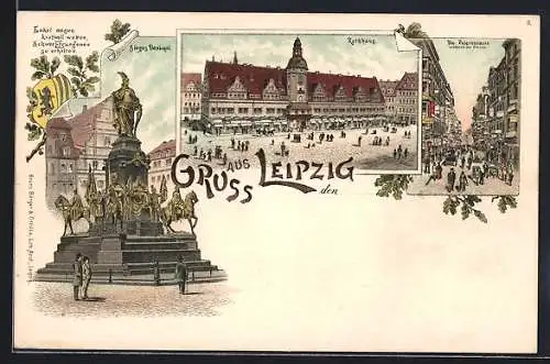 Lithographie Leipzig, Sieges Denkmal, Rathhaus, Petersstrasse