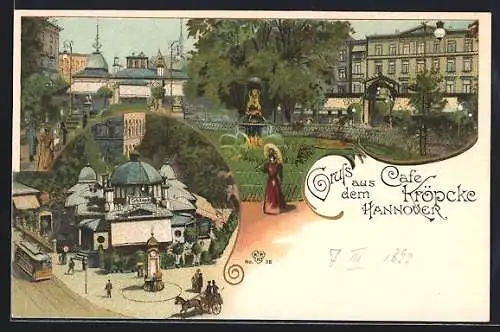 Lithographie Hannover, Cafe Kröpcke, Aussenansicht und Strassenbahn