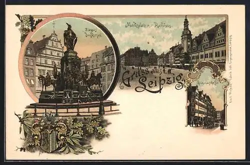 Lithographie Leipzig, Marktplatz mit Rathaus, Grimmaische Str., Sieges Denkmal