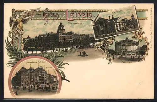 Lithographie Leipzig, Hotel de Prusse, Pleissenburg, Markthalle
