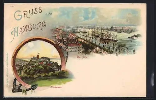 Lithographie Hamburg-Blankenese, Ortsansicht und Hafen