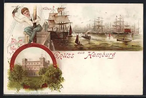 Lithographie Hamburg-St.Pauli, Hafen, Matrose auf dem Fahnenmast, Segelschiffe, Seewarte