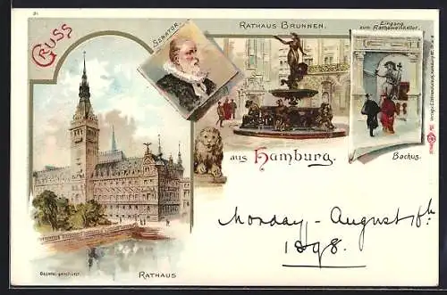 Lithographie Hamburg, Rathaus mit Brunnen, Senator im Portrait, Eingang zum Restaurant Rathsweinkeller, Bachus